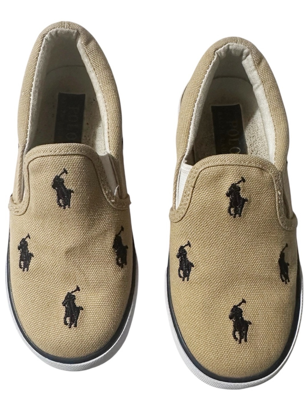 POLO by RALPH LAUREN Kids Khaki Canvas Slip-On Sneakers w/Black Polo Logos SZ12